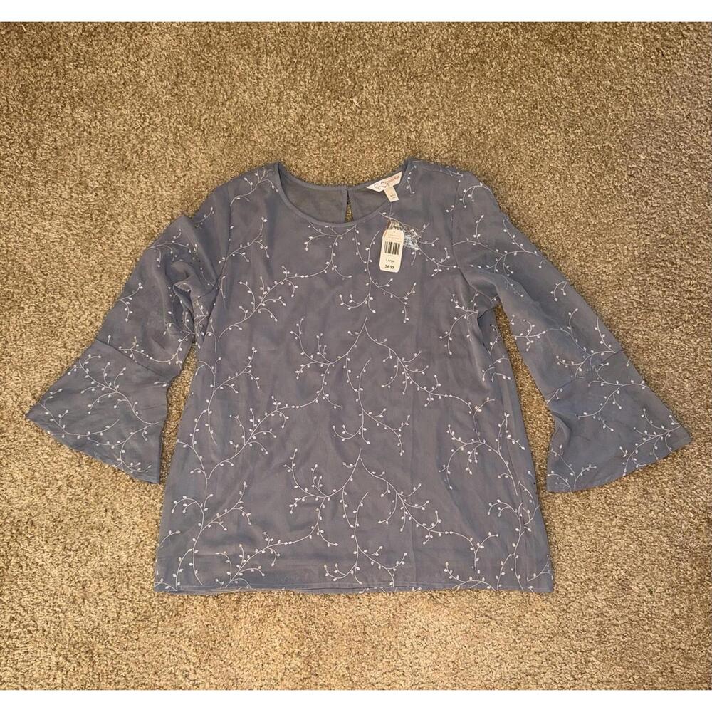 Krazy Kat Blue Grey Floral Embroidered Bell Sleeve Blouse Top Chiffon Woven